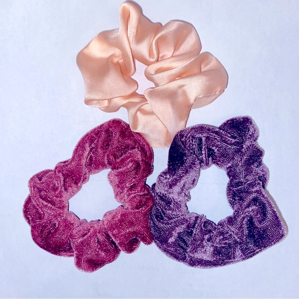 NEW Scrunchies Set of 3 Velour & Satin Pink Purple & Cream Colors